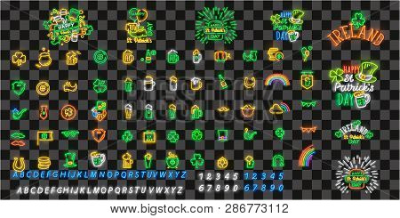 St Patricks Day Glow Signboard With Leprachaun Hat. Clover Leaf Talisman. Shiny Neon Light Poster, F