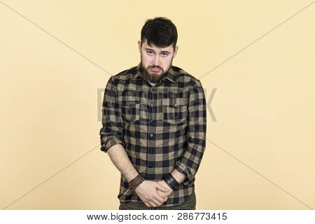Offended Bearded Man, Concept Of Sadness, Image On Pastel Background