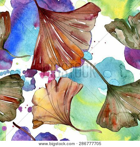 Green Red Ginkgo Biloba Leaves. Watercolor Background Illustration Set. Seamless Background Pattern.