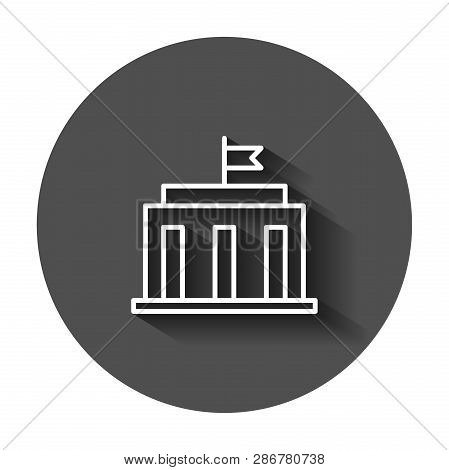 Bank Building Icon In Flat Style. Government Architecture Vector Illustration With Long Shadow. Muse
