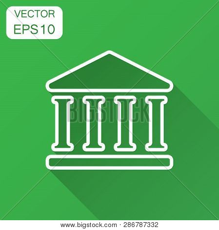 Bank Building Icon In Flat Style. Government Architecture Vector Illustration With Long Shadow. Muse