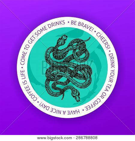 Snake Drink Coaster. Vector Illustration Of Bar Design. Tattoo Hand Drawn Sketch.