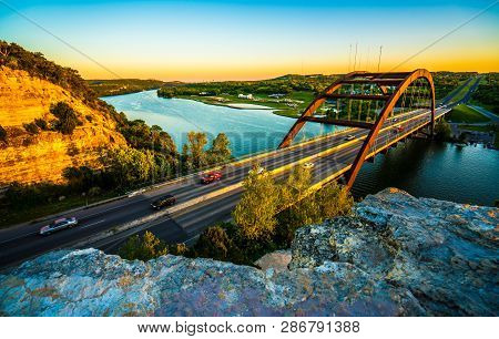 Pennybacker Or 360 Bridge At Sunset In Austin , Texas , Usa During Amazing Golden Hour Golden Hour O