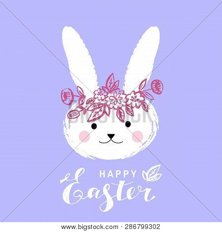 Happy Easter Nand Drawn Lettering. Greeting Card Text Templates With Easter Bunny. Vector Illustrati