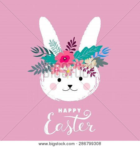 Happy Easter Nand Drawn Lettering. Greeting Card Text Templates With Easter Bunny. Vector Illustrati