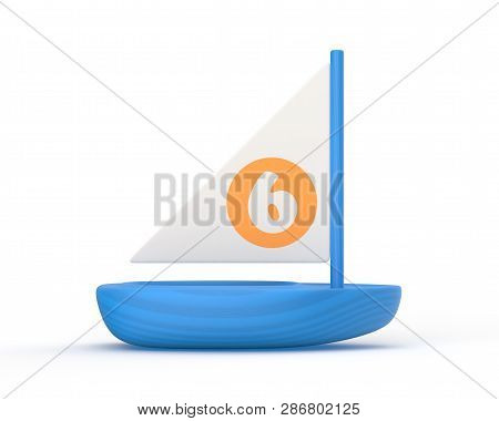 3d Rendered Blue Wooden Toy Sailing Boat On A White Background.