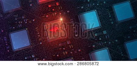 Red Glowing Compiter Bug On Infected Chip In Cyberspace 3d Redner. Spyware, Malware, Virus Trojan, K