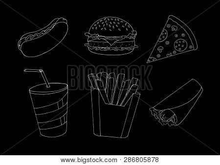 Contour Image Of Fast Food And Drink Symbols Drawn By Hand On A Single-color Background
