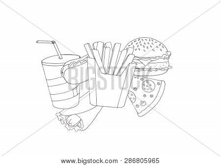 Contour Image Of Fast Food And Drink Symbols Drawn By Hand On A Single-color Background
