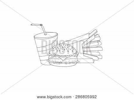 Contour Image Of Fast Food And Drink Symbols Drawn By Hand On A Single-color Background