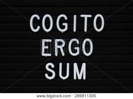 The Words Cogito Ergo Sum Or I Think Therefore I Am In White Letters On A Notice Board