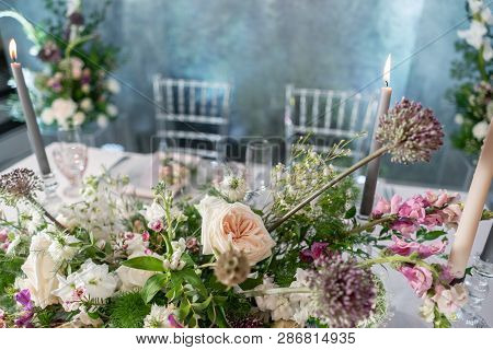 Floral Decoration For Wedding Ceremony Romance Dining. Wedding Banquet , Festive Decor. Bouquet From