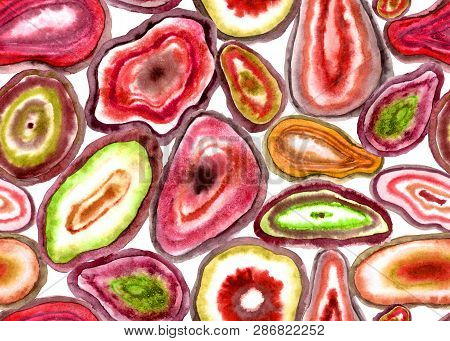 Seamless Pattern Of Slices Of Natural Stones In Red And Orange Colors On A White Background, Hand Dr