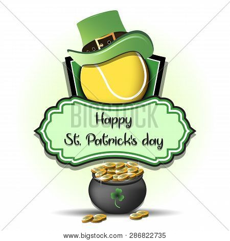 Happy St. Patricks Day. Tennis Logo Template Design. Tennis Ball With St. Patrick Hat And Pot With G