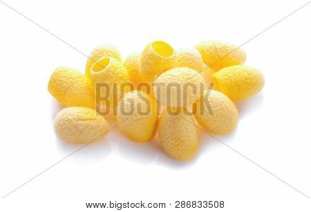Yellow Thai Silkworm Cocoons Pile Isolated On White Background