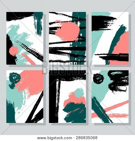 Set Of Universal Cards With Brush Strokes, Ink Drawn Scribbles, Hand Drawn Textures. Creative Cards 