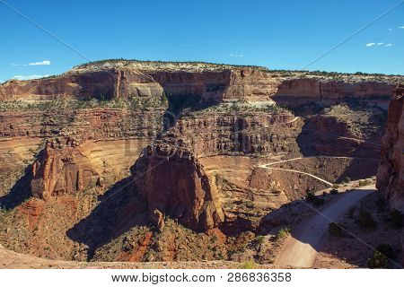 Aerial View Of Canyon From Shafer Canyon Overlook In Canyonlands National Park, Moab, Utah, Usa.