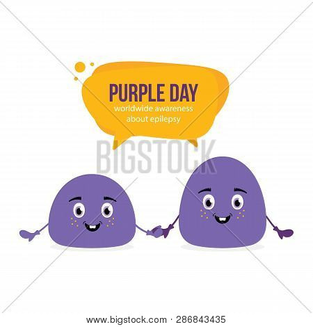 Two Cute Vector Cartoon Blob Characters Holding Hands, Speaking, Informing About Purple Day, Worldwi