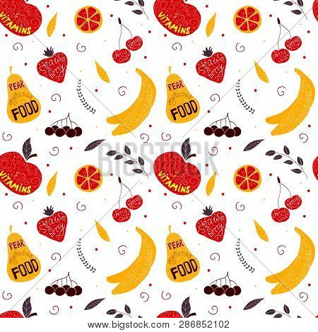Vector Hand Drawn Colorful Fruit Seamless Pattern With Pears, Cherries, Berries. Red And Yellow Colo