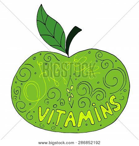 Green Hand Drawn Vector Apple With Text Inside Of It. Colorful Cartoon Apple Isolated On A Transpare