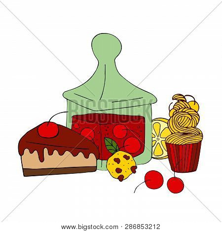 Sweet Stuff Isolated On A White Background In Hand Drawn Style. Vector Set Of Confection.