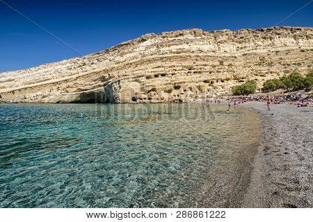 Matala, Crete - September 24: Matala Beach And Roman Caves On September 24, 2017 In Matala