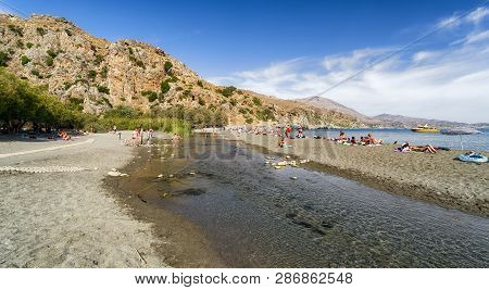 Preveli, Crete - September 24: Preveli Beach Furt Of People On September 24, 2017 In Preveli