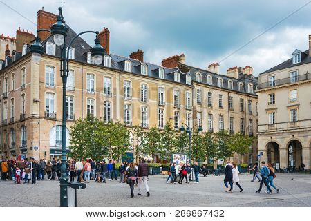 RENNES, FRANCE - April 28, 2018: Street view of downtown in Rennes, France