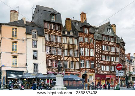 RENNES, FRANCE - April 28, 2018: Antique building view in Old Town in Rennes, France