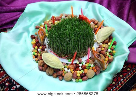 Traditional Shekerbura, Mutaki, Shirinchorek, Kata And Pakhlava As Novruz Symbol On Xoncha On White 