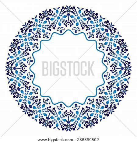 Ceramic Tile Pattern. Decorative Round Ornament. White Background With Art Frame. Islamic, Indian, A