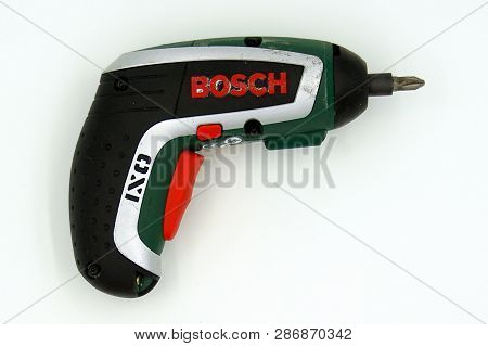 Amsterdam, The Netherlands - March 1, 2019: Used Bosch Ixo Electric Screwdriver Against A White Back