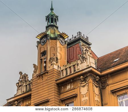 Detail Of A Stone Eagle, Angels, Clocl And Windows In A Building Zagreb Croatia