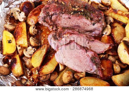 Grilled Pork Meat With Potatoes. Barbecue. Selective Focus.
