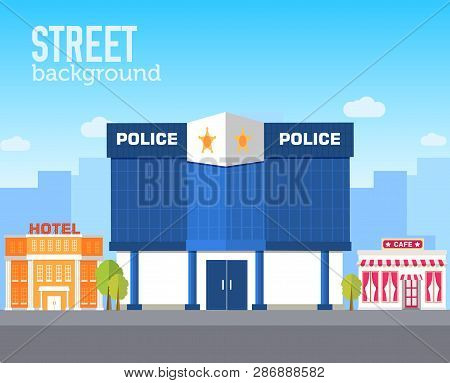 Police Building In City Space With Road On Flat Syle Background Concept. Vector Illustration Design