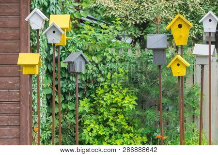 Colorful Wooden Handmade Nesting Boxes In Rural Street, Birdhouses As Symbol Of Spring, Nesting Seas