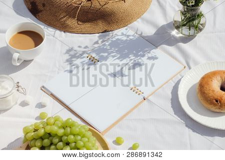 Breakfast With Coffee Bread And Fruit. Imsge. Concept