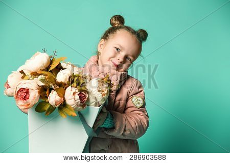 Little Girl Holding Peonies Bouquet Flowers For Woman Or Mothers Day 8 March Happy Smiling In White 