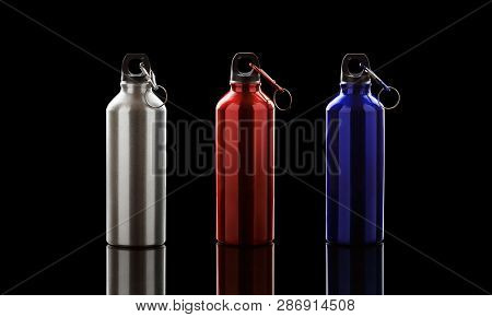 Aluminium Water Flask On Reflective Black Surface