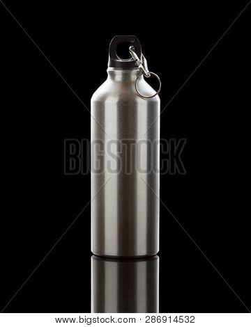 Aluminium Water Flask On Reflective Black Surface