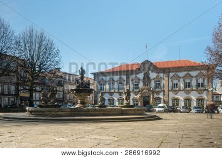 Braga, Portugal - Circa February 2019: Fountain In Praca Do Municipio Or Town Hall Square In Braga D