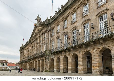Santiago De Compostela, Spain - Circa February 2019: Palacio De Rajoy The Palace Opposite To The Cat