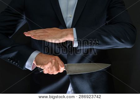 Criminal With Big Knife Hidden. Cold Weapon, Burglary, Homicide, Murder Scenery