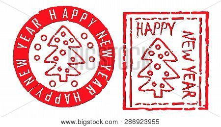 Decotative Red New Year Greeting Stamps Drawn As It Embossed