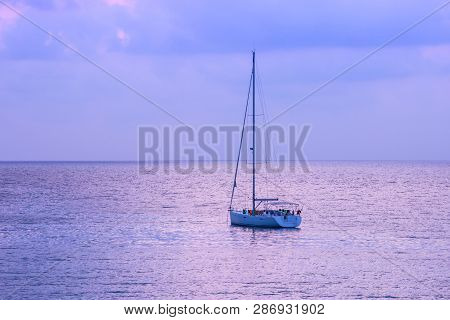 White Sailboat Of Tourist At The Background With Twilight Sky On The Ao Thai Sea Area Around Haad Ba