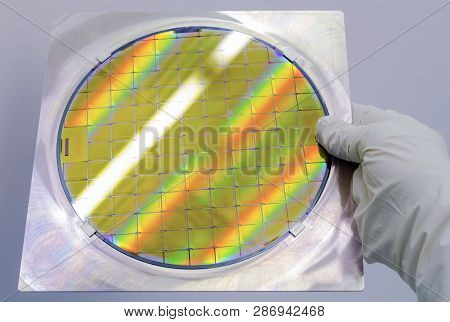 Silicon Wafer In Steel Holder Helds By Hand In Gloves - A Wafer Is A Thin Slice Of Semiconductor Mat