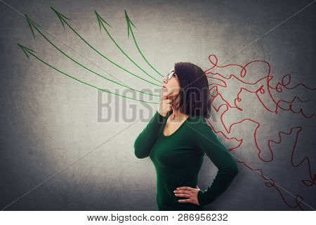 Pensive Student Wearing Glasses Looking Up And Thinking. Concept Of Information Processing, Concentr