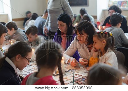 Lviv, Ukraine - March 11, 2018. Ukrainian Easter Eggs Painting Workshop.