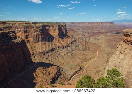 Aerial View Of Canyon From Shafer Canyon Overlook In Canyonlands National Park, Moab, Utah, Usa.