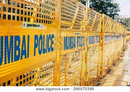 Mumbai India March 1, 2019 Closeup Of A Police Sign Located At Colaba District Front The Gateway Of 